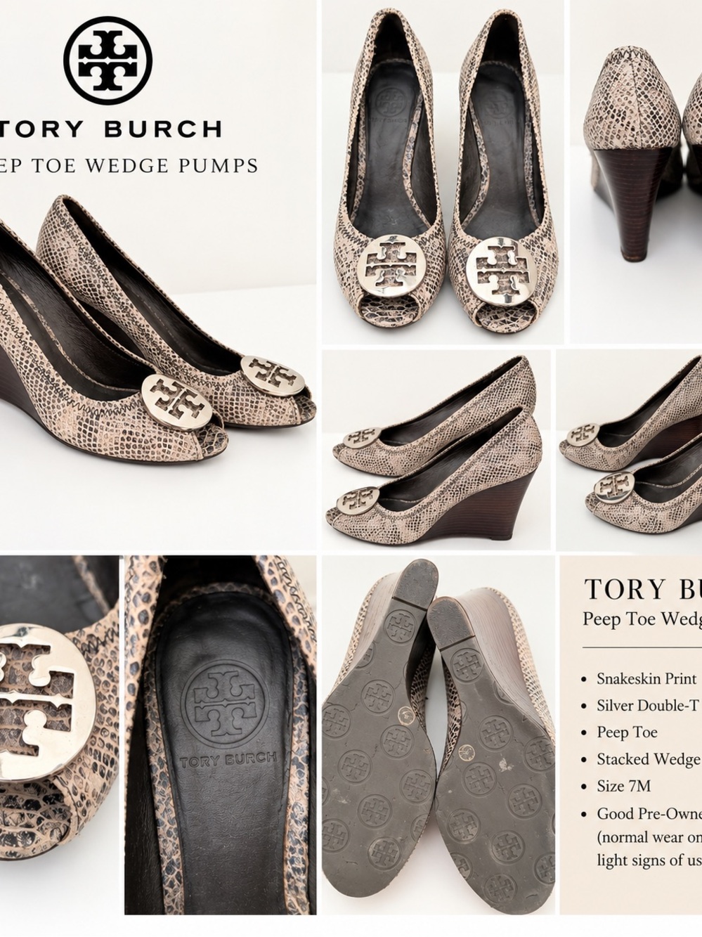 Tory Burch Beige Snakeskin Peep-Toe Wedge Pumps with Silver Logo
